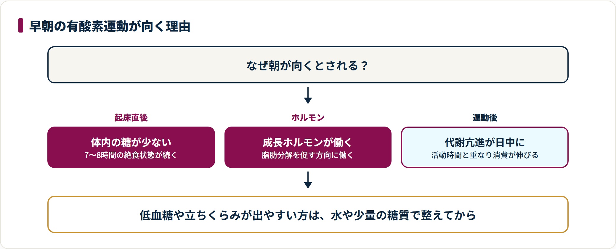 早朝の有酸素運動が脂肪燃焼に向くとされる理由を3つに整理した図。起床直後は体内の糖が少ないこと、成長ホルモンが働きやすいこと、運動後の代謝亢進が活動時間と重なることを示している。