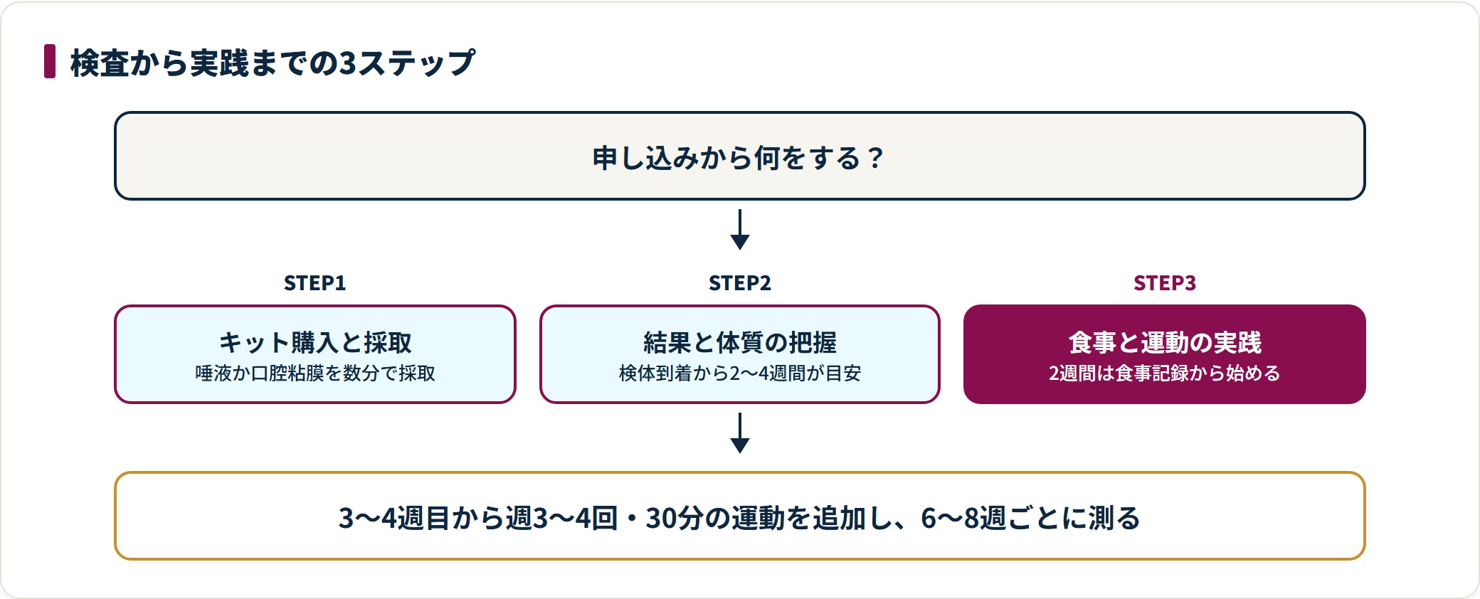 遺伝子検査ダイエットの流れを3ステップで示した図。キットの購入と採取、2〜4週間後の結果確認と体質タイプの把握、食事記録から始める実践という順番と期間の目安を示している。