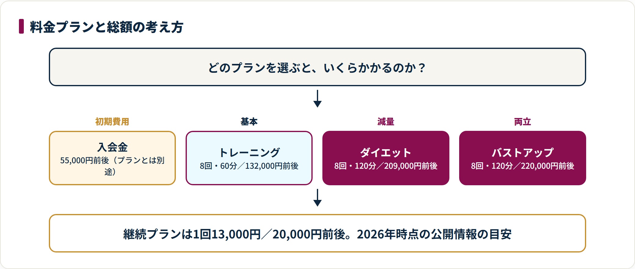 入会金とトレーニング・ダイエット・バストアップの3プランについて、回数と料金の目安を段階で示した図。