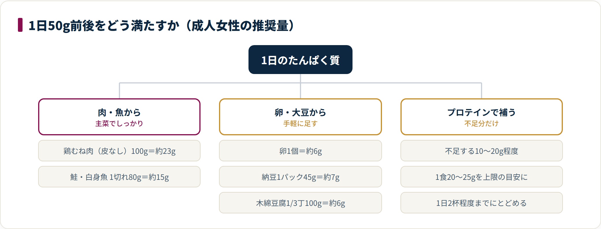 成人女性のたんぱく質推奨量は1日50g前後で、食事から計算して不足する10〜20gをプロテインで補うのが現実的。